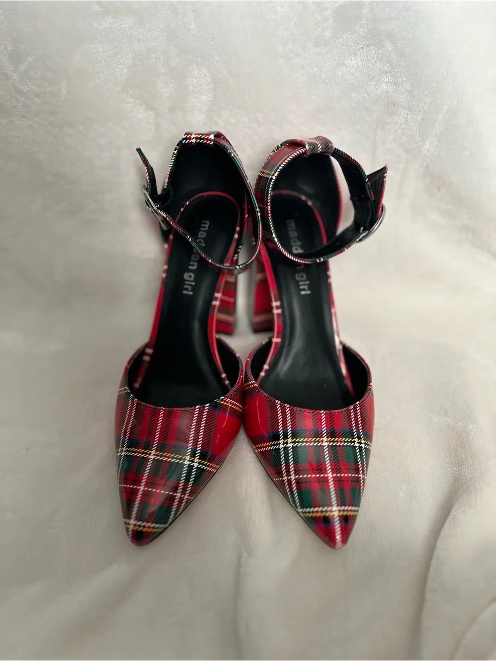 Madden Girl Red Plaid Pointed Ankle-Strap Block Heel Pumps - Picture 3 of 4
